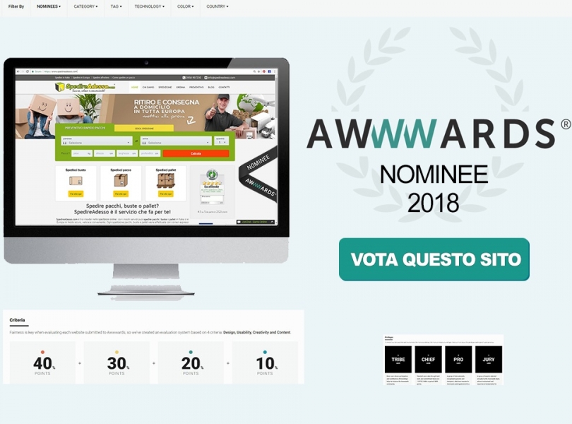 SpedireAdesso.com ottiene la nomination agli Awwwards 2018
