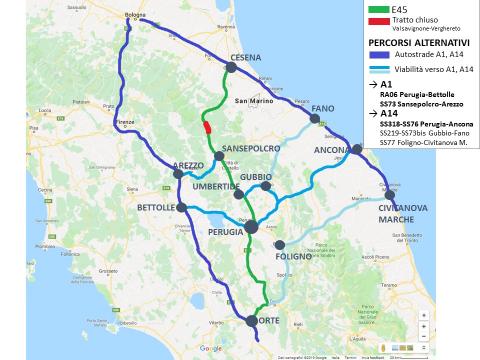 Chiusura E45, Anas: ecco i percorsi alternativi