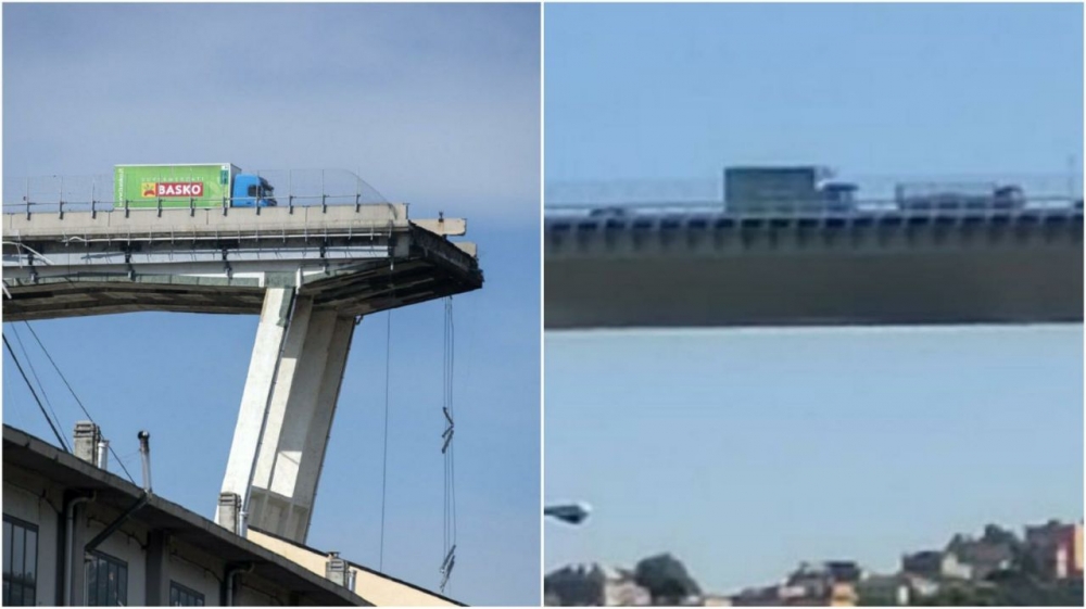 Ieri e oggi: il camion simbolo del crollo del Morandi 'riappare' sul ponte di Genova